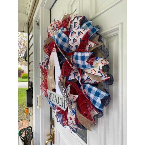 Coastal Sailboat Ahoy Anchor Beach Seashells Fish Summer Deco Mesh Ribbon Wreath - Picture 8 of 9